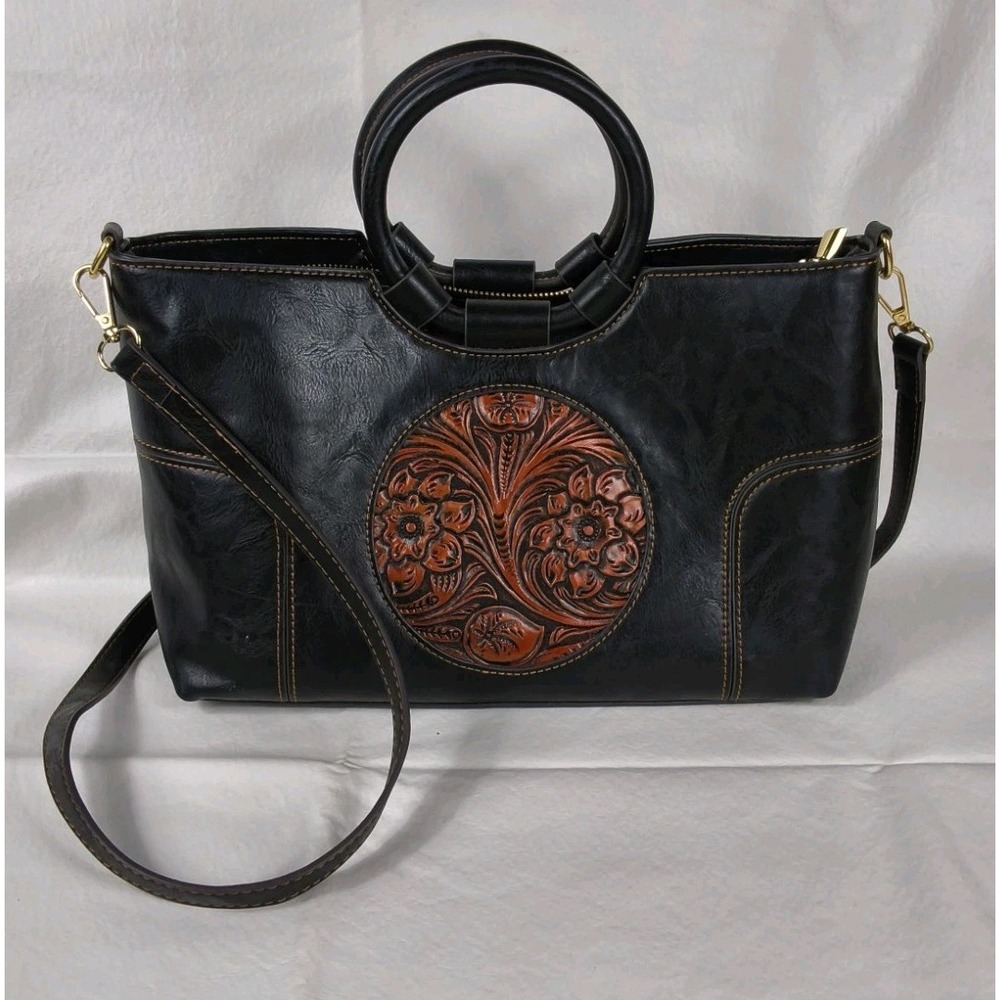 Vintage Embossed Totem Leather Satchel Top Handle Crossbody Bag Black